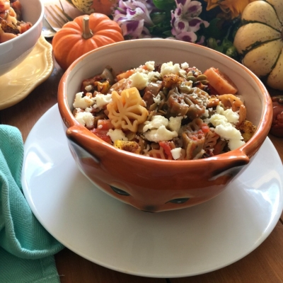 Fall pasta for Thanksgiving has butternut squash, chipotle, pepitas and tomato sauce.