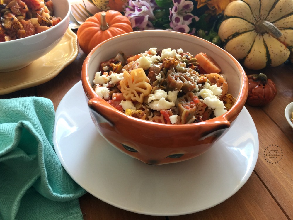 Fall pasta for Thanksgiving has butternut squash, chipotle, pepitas and tomato sauce.