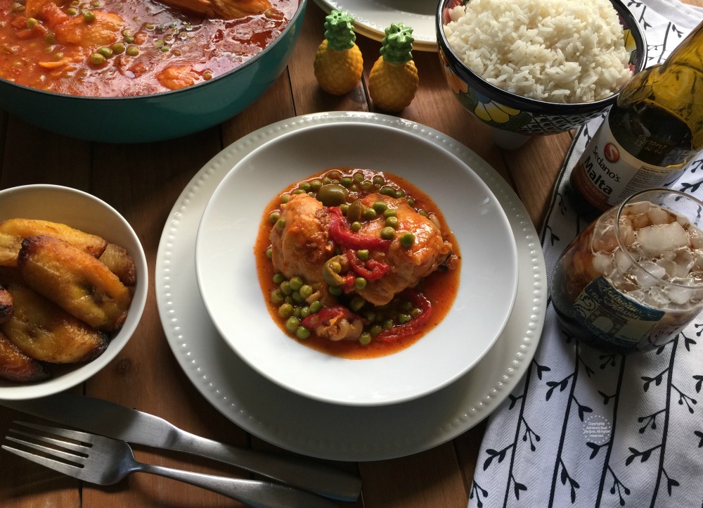 Serving the Cuban Chicken Fricassee with white rice, sweet plantains and and ice cold malta drink