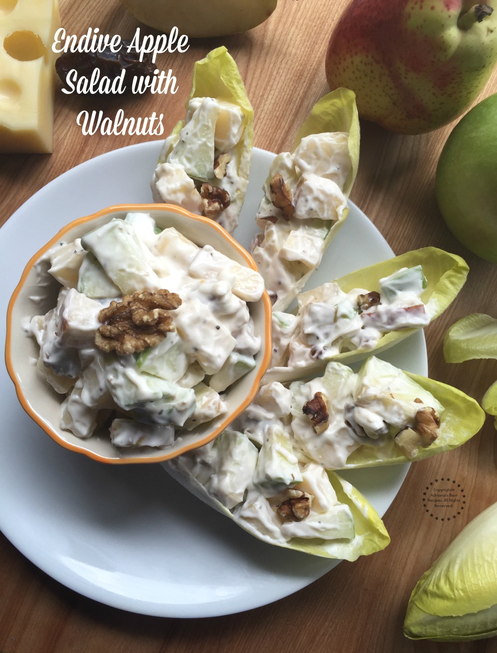 Las Endivias Rellenas de Ensalada de Manzana con ingredientes como manzanas verdes, pera, queso gruyere, dátiles, nueces de castilla, mayonesa y endivias frescas