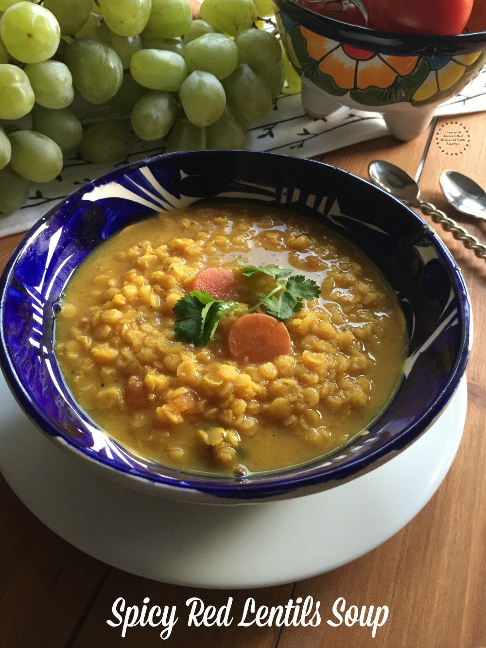The Spicy Red Lentils Soup is made with fresh tomatoes, La Morena Whole Jalapeños garlic cumin ginger turmeric vegetable stock and Knorr Tomato with Chicken Granulated Bouillon