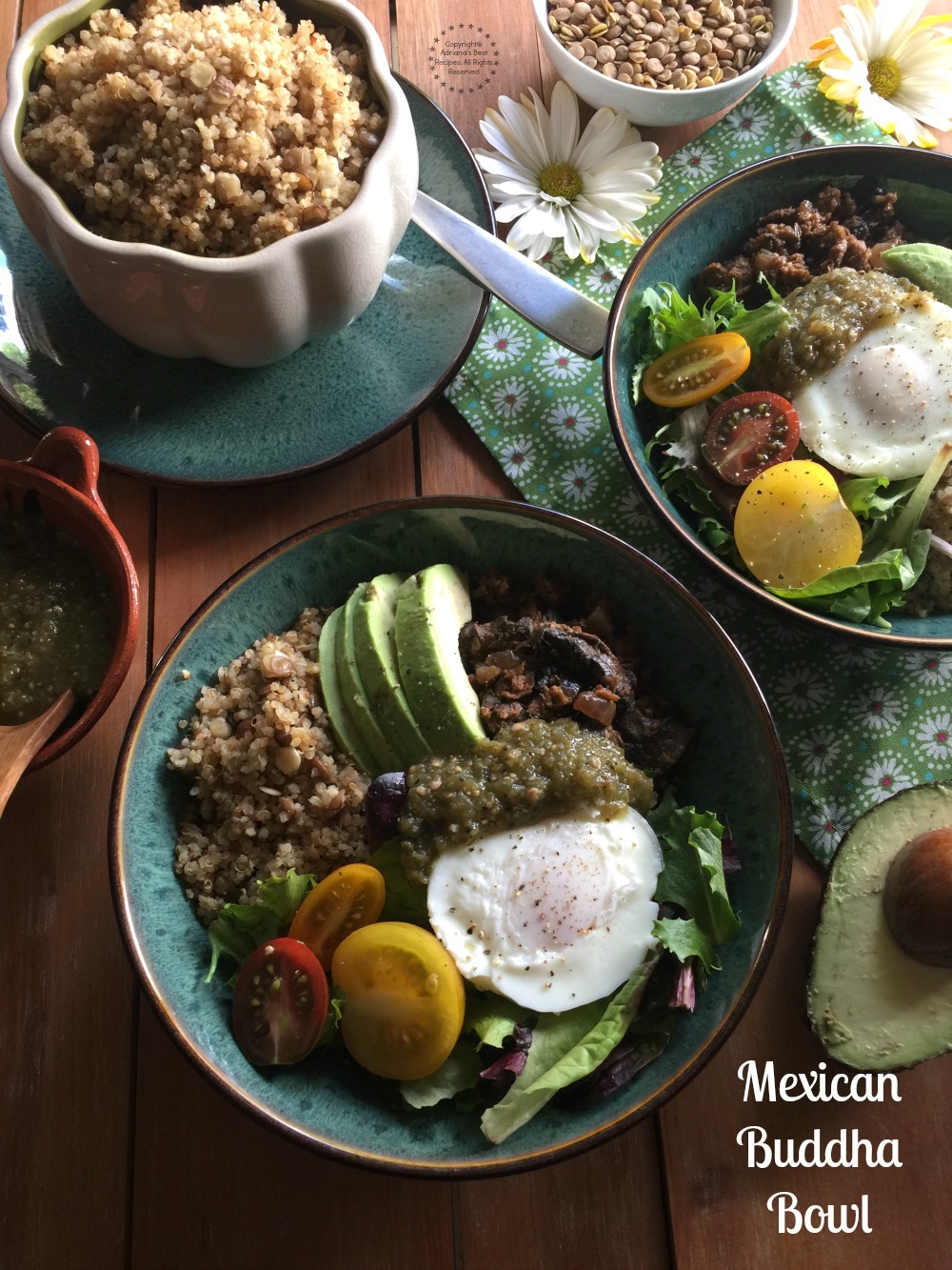 A Mexican Buddha Bowl cooked with fresh produce, Mexican spices and MorningStar Farms Grillers Crumbles. This is a tasty meatless meal for lent season