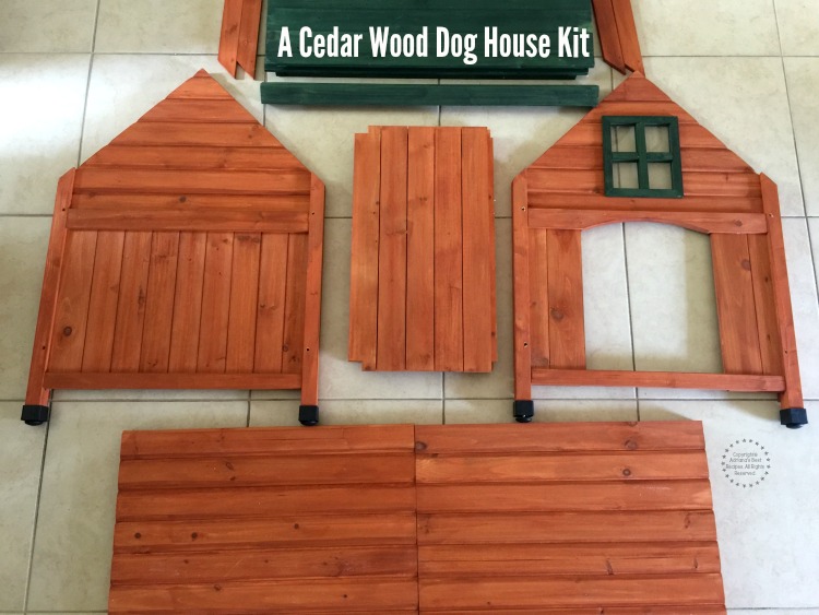 A cedar wood dog house kit is necessary for this DIY project
