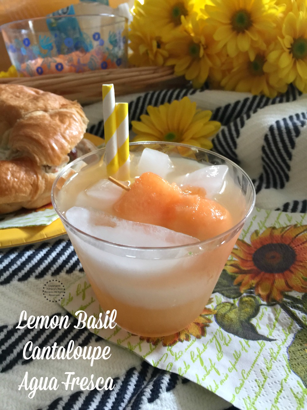 A lemon basil cantaloupe agua fresca using sweet cantaloupe, lemon basil, Nestlé Pure Life water, and honey 