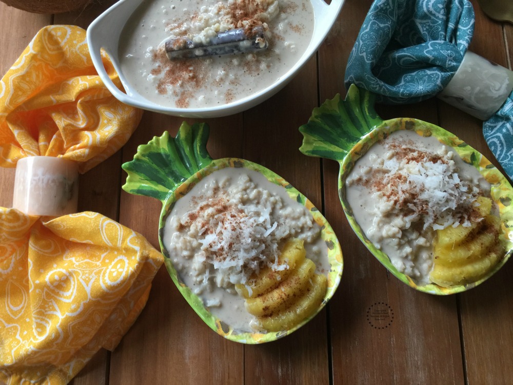 two bowls with pineapple rice pudding inspired by the pina colada drink