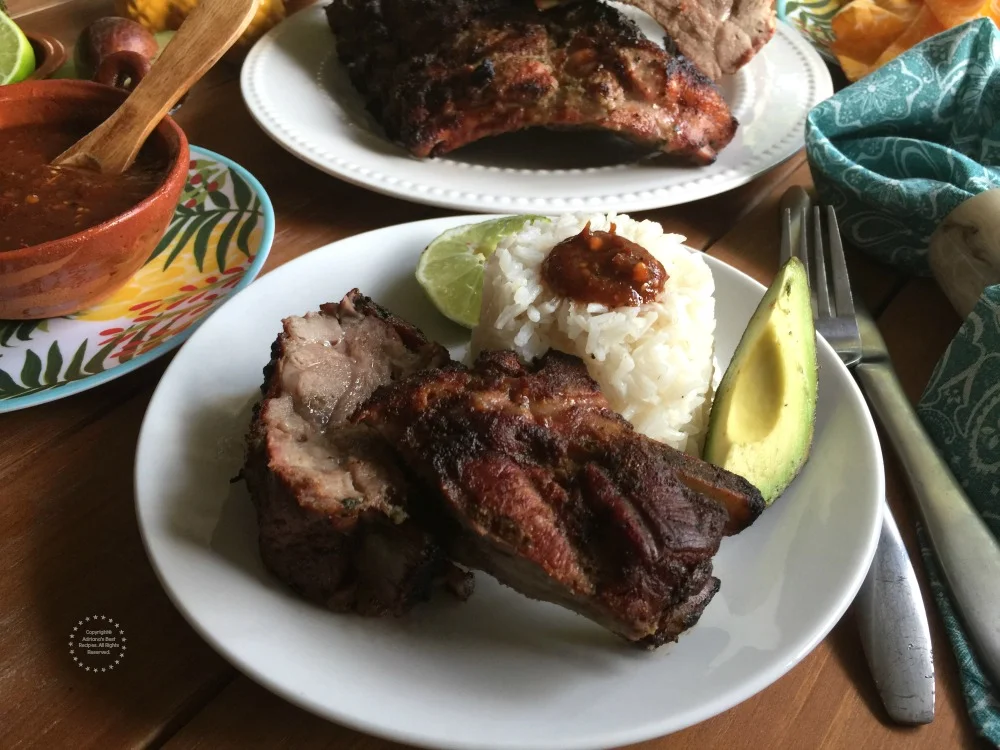 Pairing the pork ribs with white rice, beans, avocado and spicy homemade salsa Pairing the pork ribs with white rice, beans, avocado and spicy homemade salsa
