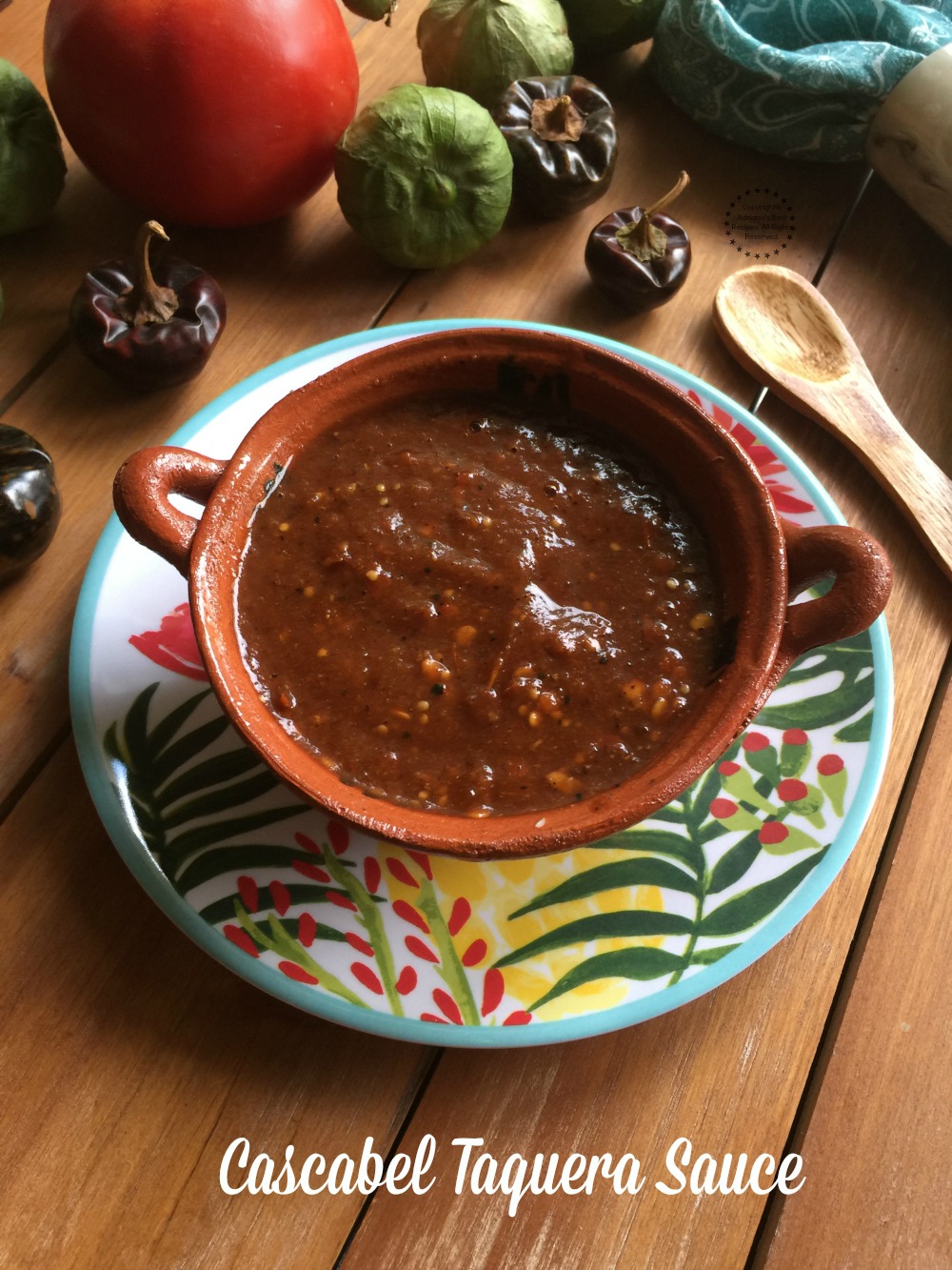 This cascabel taquera sauce is made with dried cascabel chiles, tomatillos, tomato, garlic, cumin and salt to taste
