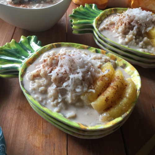 a bowl with a milky dessert