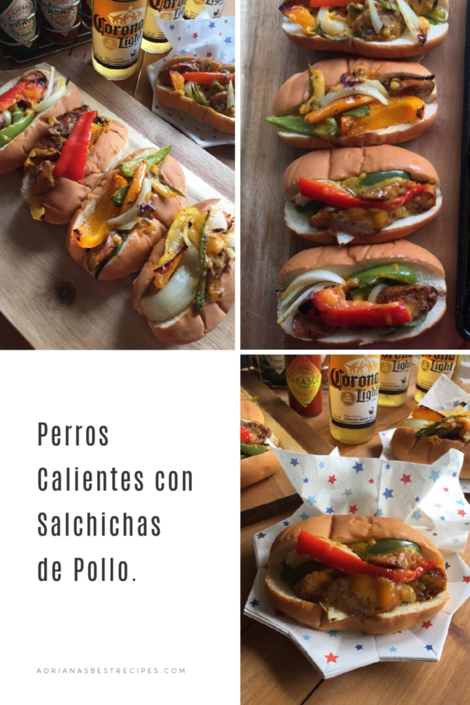 Perros Calientes con Salchichas de Pollo, hechos con salchicha ahumada de pollo con limón y cilantro ademas de pimientos y queso