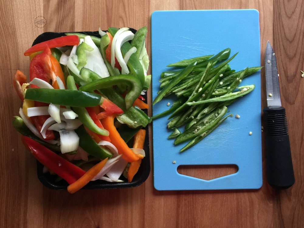 Using easy ready to us ingredients such as, pre-cut peppers and onions mix, and julienned serrano peppers