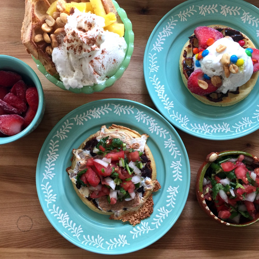 A savory main dish and two dessert options for a Waffle Breakfast Dinner menu