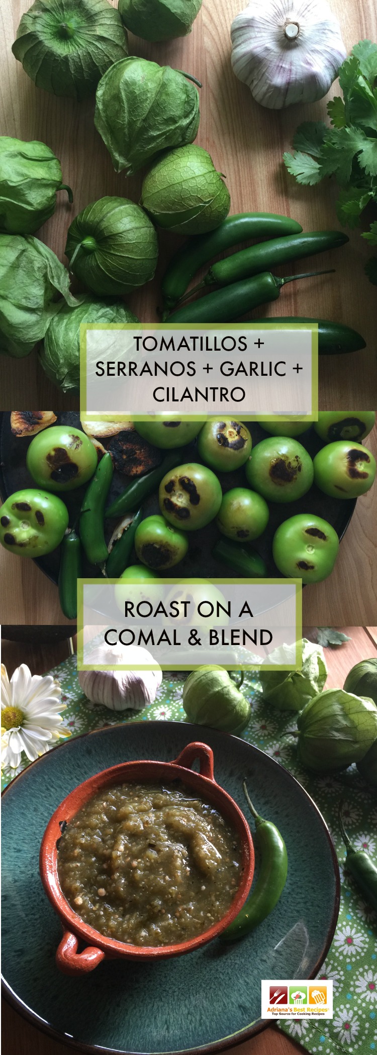 The roasted tomatillo salsa verde is a staple of my Mexican cuisine. Made with green tomatillos, serranos, garlic, and cilantro.