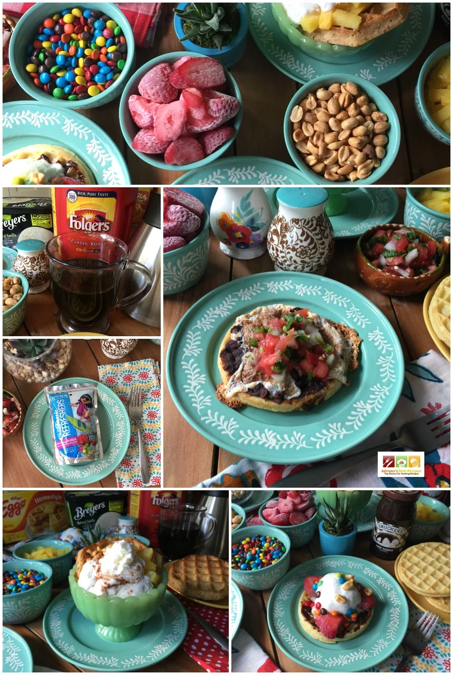 This waffle breakfast dinner menu is simple and ready in a few minutes. Best of all is that everyone can have fun making their own waffle creation