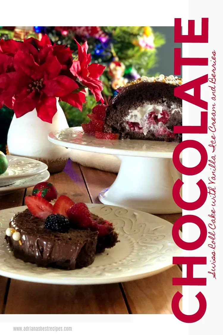A Chocolate Swiss Roll made easy with cake mix and stuffed with vanilla ice cream and seasonal berries. Then covered with chocolate hazelnut spread and festive sprinkles A Chocolate Swiss Roll made easy with cake mix and stuffed with vanilla ice cream and seasonal berries. Then covered with chocolate hazelnut spread and festive sprinkles