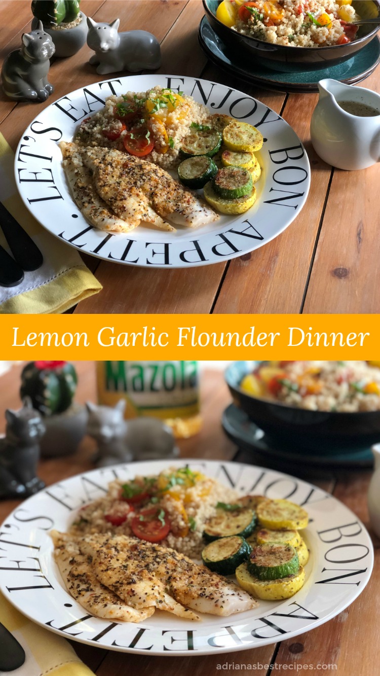 A Lemon Garlic Flounder paired with Basil Tomato Quinoa Salad and Roasted Zucchini