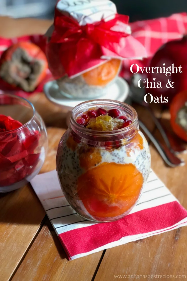 A delightful overnight chia and oats paired with pomegranate jewels and persimmon