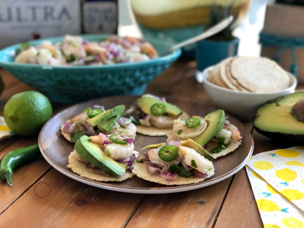 Delightful shrimp ceviche tostaditas garnished with avocado slices