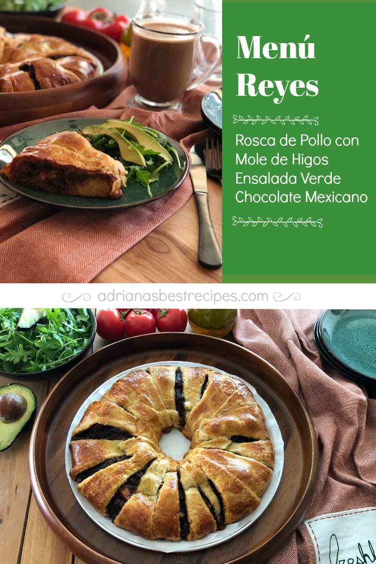 La rosca de pollo con mole de higos está hecha con masa de pan de cuernitos