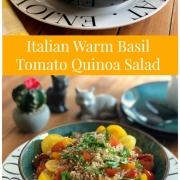 An Italian warm basil tomato quinoa salad drizzled with a mustard seed vinaigrette