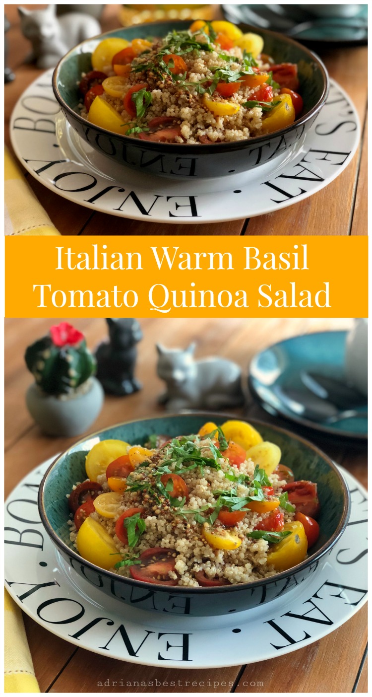 An Italian warm basil tomato quinoa salad drizzled with a mustard seed vinaigrette