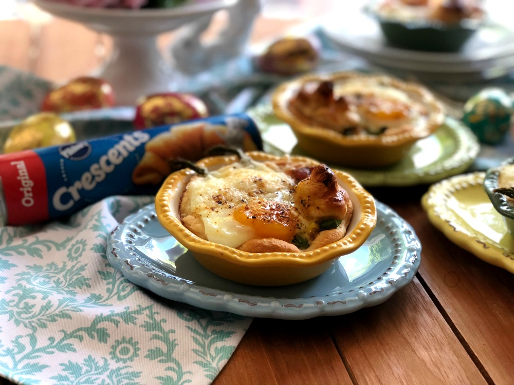 The bacon asparagus egg mini pies are made with Pillsbury Refrigerated Original Crescent Rolls