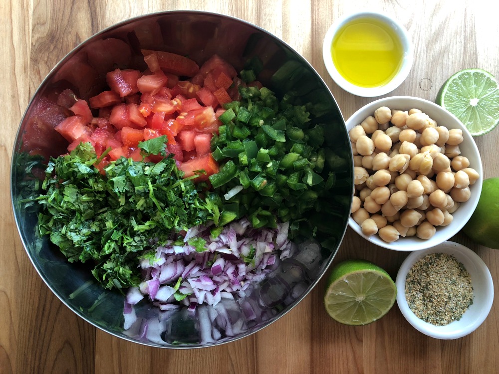 Chop all the produce for making the fresh chickpeas salsa