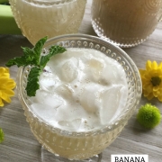 Refreshing and sweet banana agua fresca made with ripen bananas, turbinado sugar, fresh mint and purified water