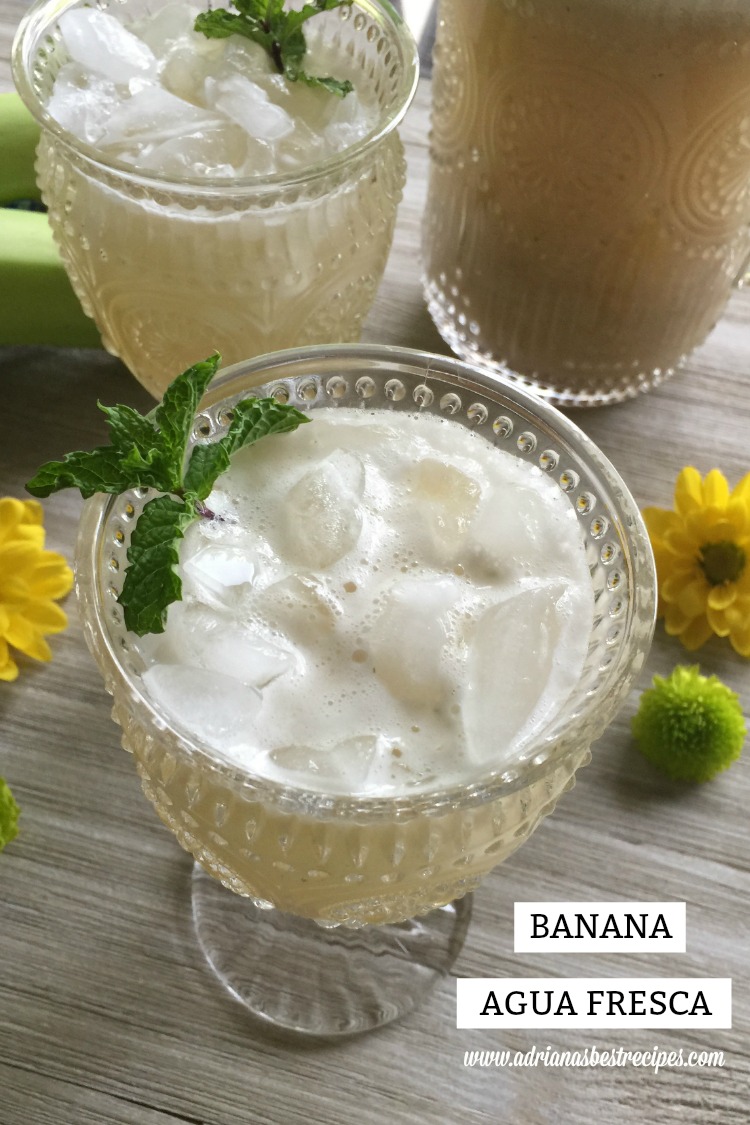 Refreshing and sweet banana agua fresca made with ripen bananas, turbinado sugar, fresh mint and purified water
