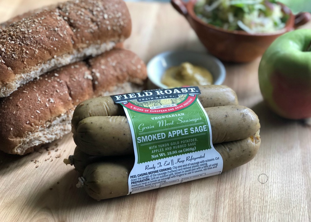 Tasty vegetarian sausages with grains, Yukon potatoes, apples and sage