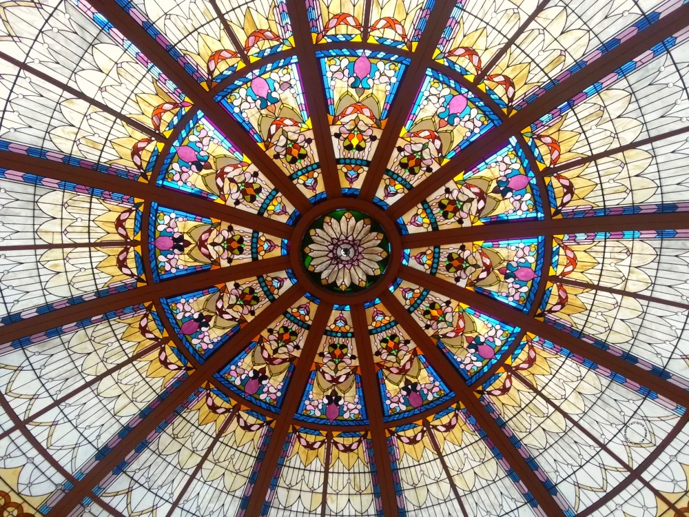 The stained glass dome in the Fairmont Empress Palm Court