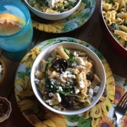 Simple Campanelle Pasta with mushrooms, arugula, serrano peppers and garlic