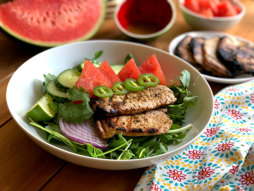 A tasty grilled pork chops watermelon salad for the summer
