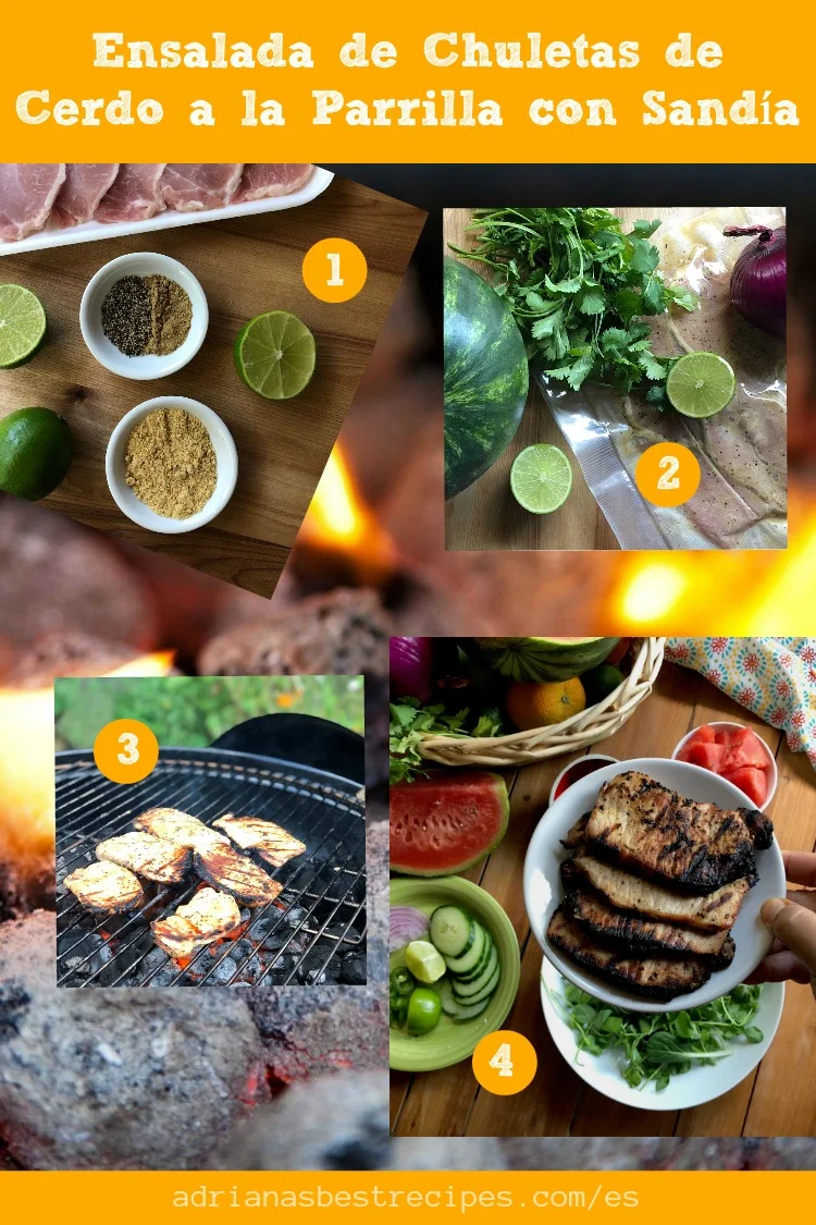 Cómo cocinar la ensalada de chuletas de cerdo a la parrilla con sandía Mostramos los cuatro pasos de cómo las chuletas de cerdo en la parrilla. Una opción sabrosa para el menú del verano.