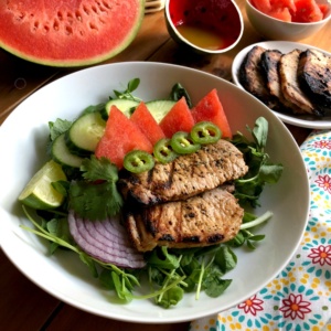 Drizzle the grilled pork chops watermelon salad with a fresh lime olive oil dressing