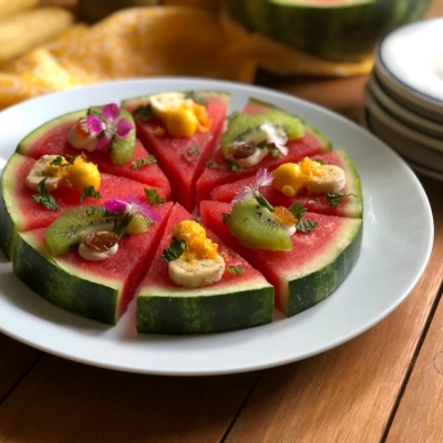 A fresh watermelon pizza for the back to school menu