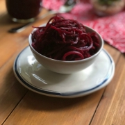 Pickled beets made with beet spirals, vinegar and spices