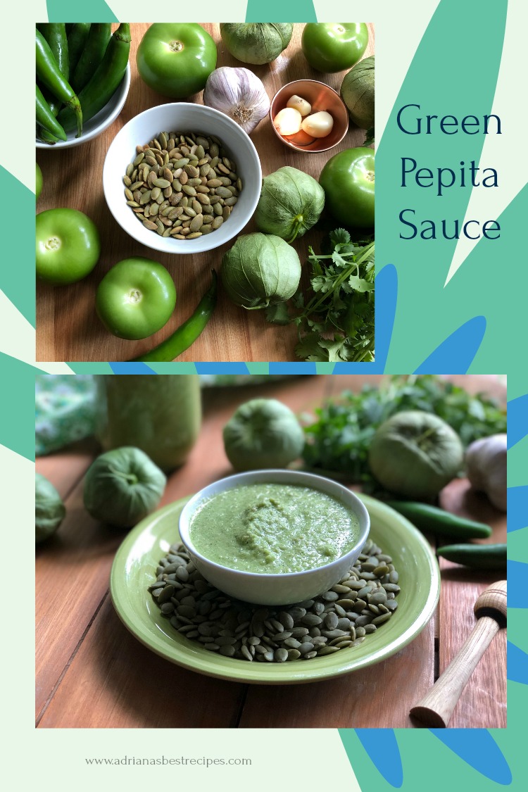 Delicious green pepita sauce, an authentic recipe from Mexico. The green pepita sauce is used to garnish green pozole, but it is also the base for pepian, emperor Moctezuma's favorite dish prior the conquest of the Spaniards. This recipe for green pepita sauce has toasted pumpkin seeds, tomatillos, garlic, serrano peppers, and cilantro. #MexicanCuisine