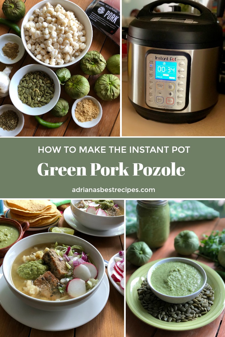 Inspired by the Green Pork Pozole, I've created an updated version by cooking the Green Pork Pozole in the Instant Pot. I used a pork loin (cut into chunks), canned pre-cooked hominy, bay leaves, oregano, cumin, chicken broth, and chicken bouillon. The green sauce has toasted pumpkin pepitas, garlic, grilled tomatillos, serrano peppers, and cilantro.