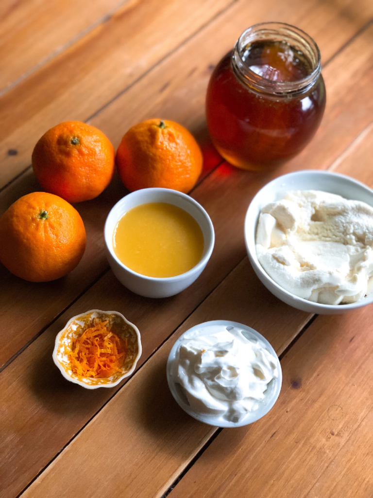 Ingredients laid out in a wooden table. 