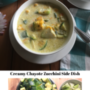 The creamy chayote zucchini side dish has chopped Vidalia onion, roasted poblano peppers, garlic, zucchini, chayote, crema Mexicana or creme fraiche, and chicken bouillon