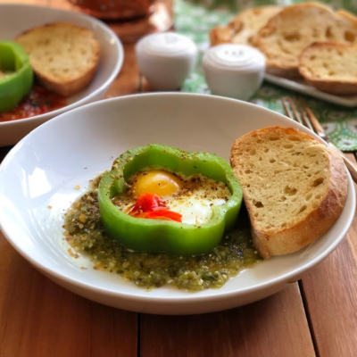 Bell Pepper Egg Breakfast Recipe made with bell peppers rounds cut simulating a flower, eggs and served with a salsa verde or red Mexican salsa. Paired with buttered toast.