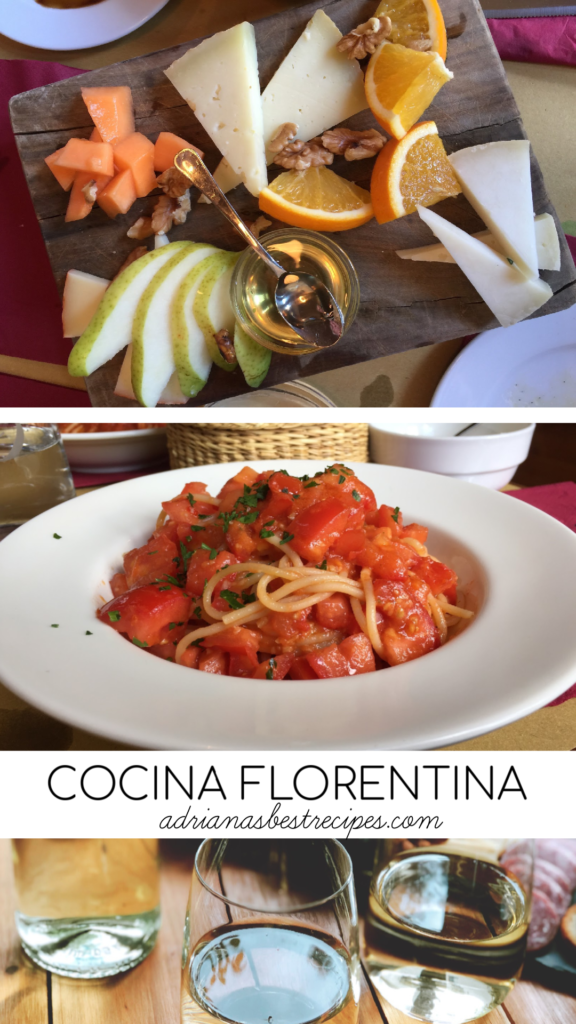 Cocina Florentina y la tabla de quesos italiana para dos personas con queso fontina, miel local, rodajas del melón más dulce, peras y nueces de castilla
