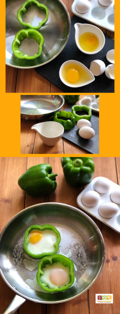 Showing the steps on how to make the bell pepper egg breakfast using a skillet