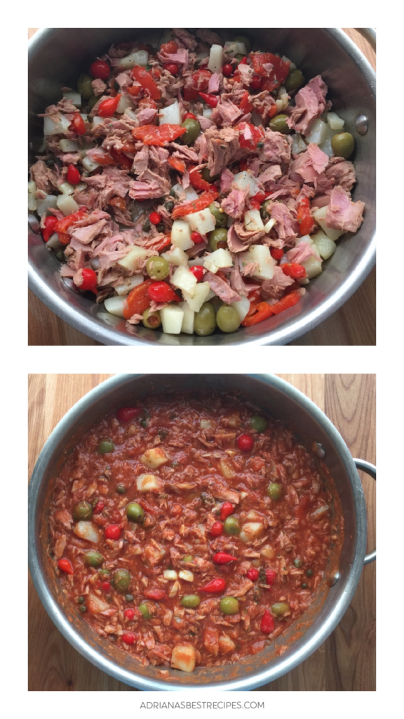 Preparando el guisado de atun estilo espanol para el relleno del pay en la estufa usando una sarten