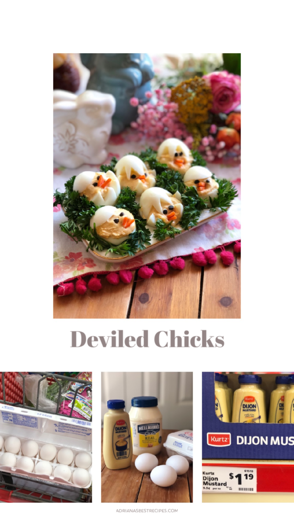 Fun deviled chicks made with hard boiled eggs, mustard, and mayo. Served on a tray with curly parsley. 