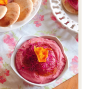 The recipe for the beet hummus is a perfect addition to the menu. Everyone will love the subtle beet yummy taste and the lovely color. It has chickpeas, tahini, cooked beets, olive oil, lemon juice, garlic, and spices.