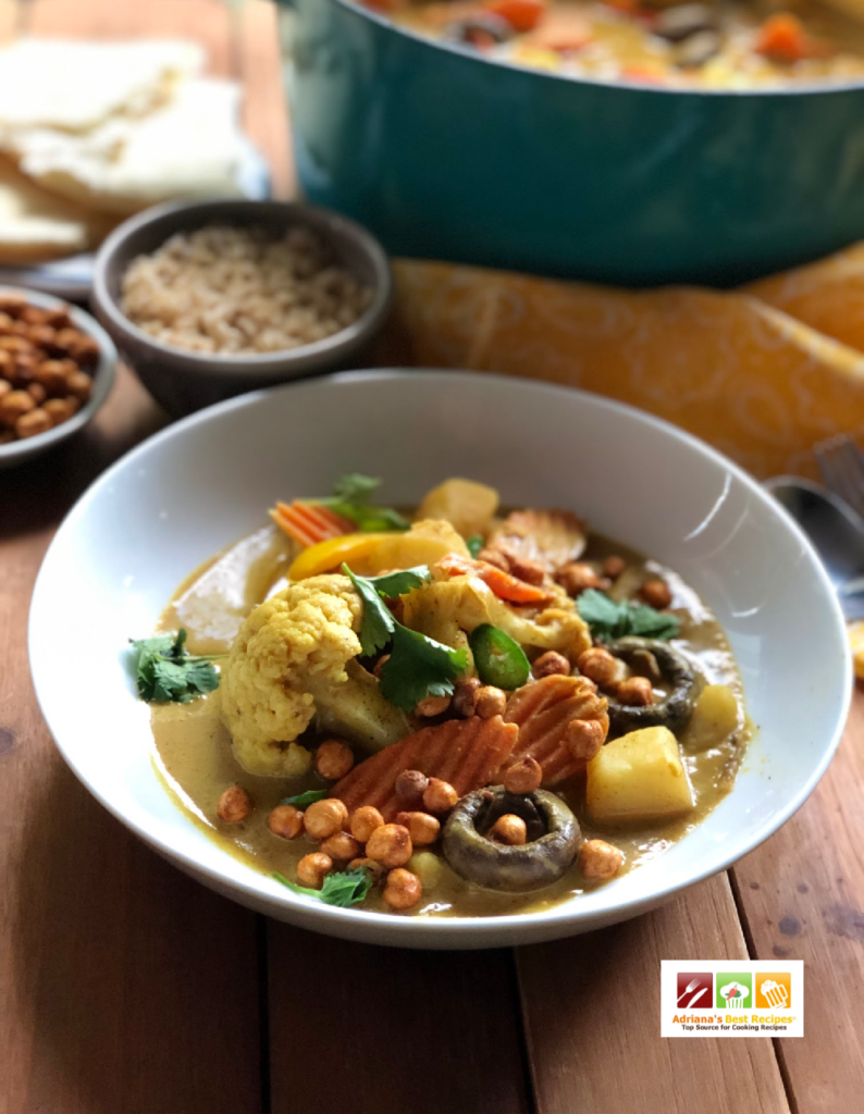 Delightful dish full of veggies and flavor. Garnishing with roasted chickpeas. serrano peppers, and fresh cilantro. 