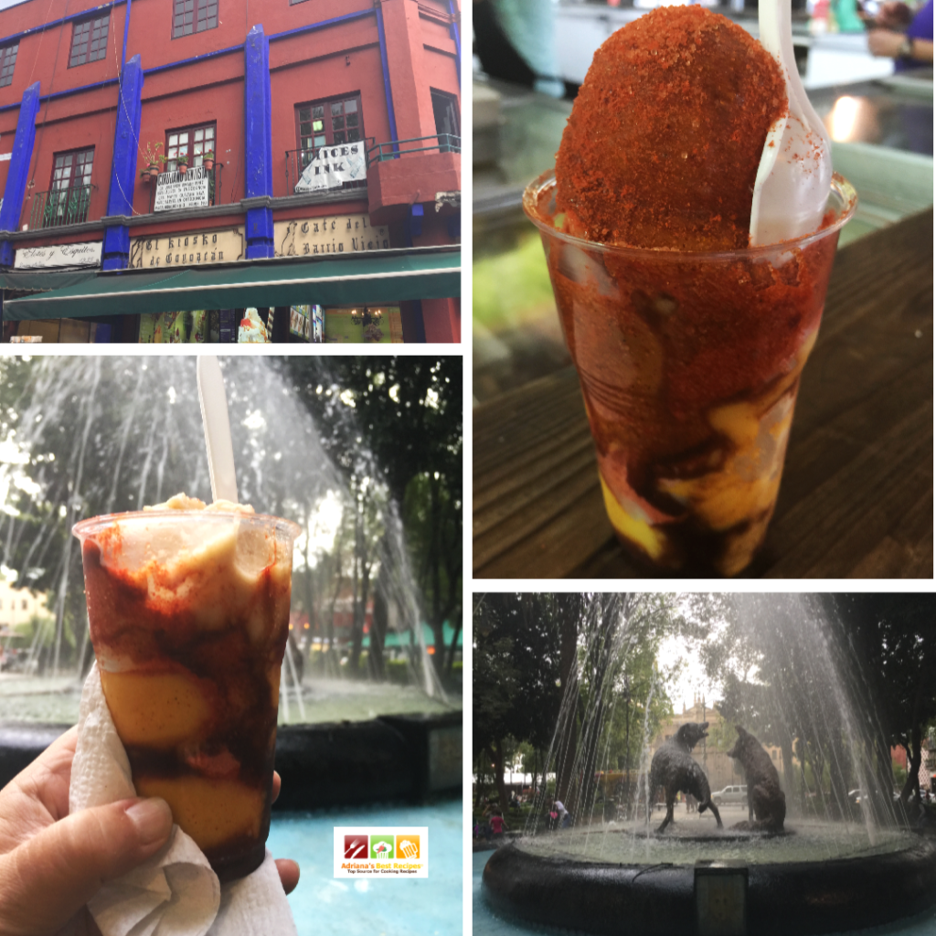 A famous Mexican treat is called magonada, a blend of spicy manila mango ice cream, chamoy, and classic Mexican candy straw. All served on a cup and eaten slowly to enjoy the sweet and savory experience. This was enjoyed at a famous Coyoacan Ice Cream Parlor 