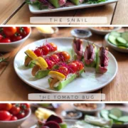 The fun bug snacks include heartbreakers tomatoes from my garden, which have a heart shape; plus celery sticks, beet sprouts, lemons, cucumber slices, cashews, roasted chickpeas, cooked beets, nasturtium flowers, and rosemary. For spreads, we added creme cheese and beet hummus, both perfect to use when making this tasty bug inspired bites as they add protein too.