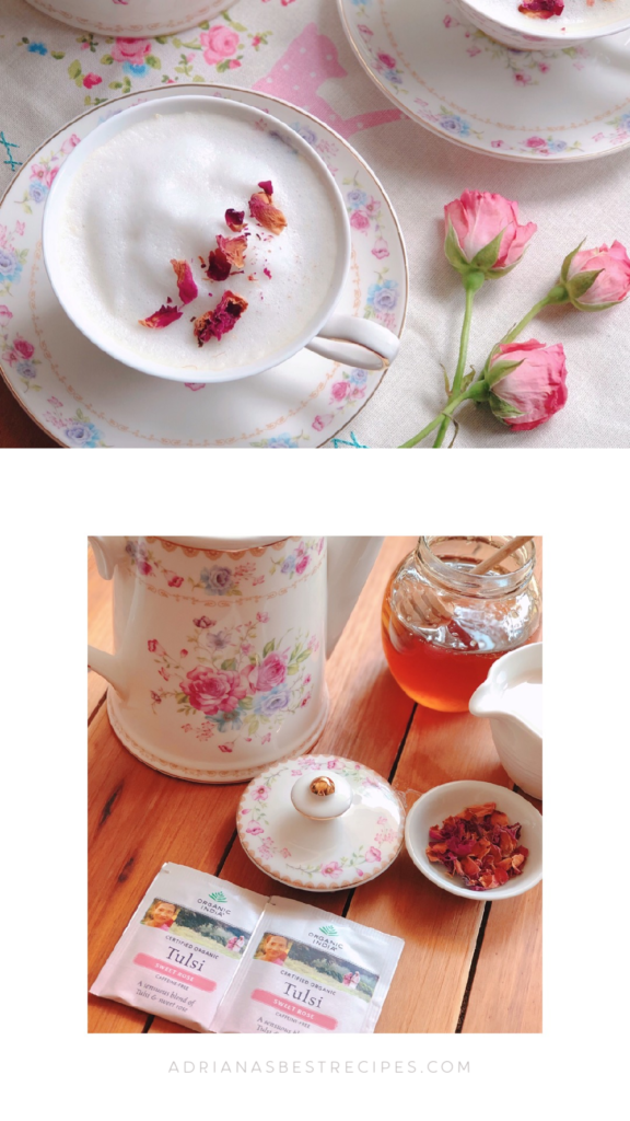 La mezcla de té que compré no solo tiene pétalos de rosa, sino también una hojas de albahaca, mirto limón y manzanilla.